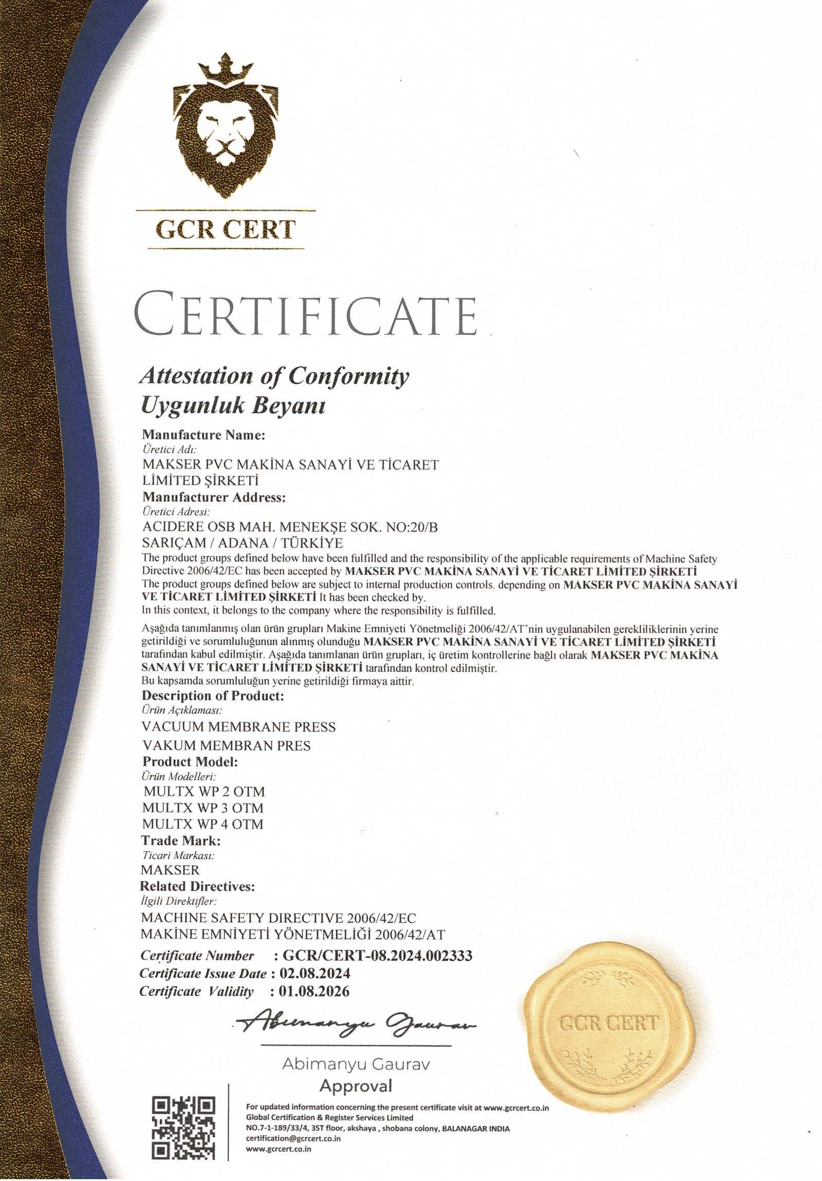 MAKSER GZR UYGUNLUK SERTİFİKASI