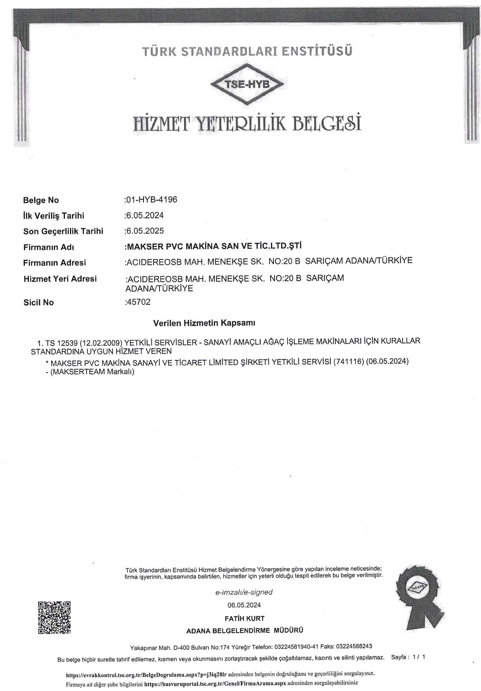 HİZMET YETERLİLİK SERTİFİKASI